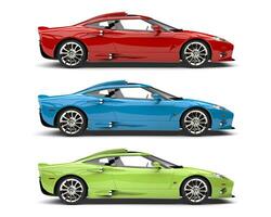 Awesome red, green and blue super sports cars - side view photo