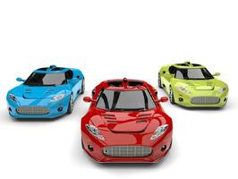 Red, green and blue modern super race cars photo