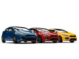 Stylish modern electric cars in red, blue and yellow photo