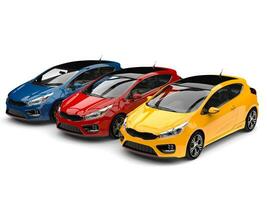 Red, blue and yellow modern electric cars - top view photo