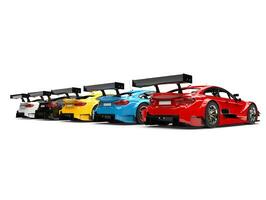 Row of colorful modern super race cars - back view photo