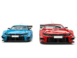 Sky blue and raging red super race cars photo