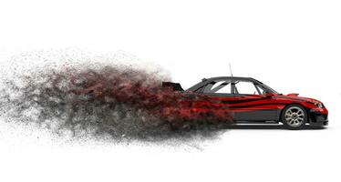 Pitch black modern touring car with red stripes disintegrating into dust photo