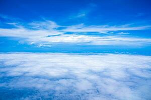 Background blue sky and white clouds seen from plane window. There is space for writing content. Natural sky, bright style. photo