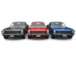 Beautiful restored vintage American muscle cars - blue, red and black photo