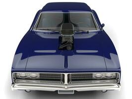 Deep blue vintage American muscle car - front view closeup shot photo