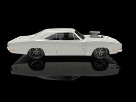 White vintage American muscle car - in black showroom - side view photo