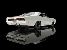 White vintage American muscle car - in black showroom - tail view photo