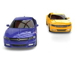 Bright yellow and violet modern fast cars - top down view photo