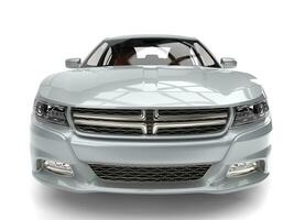 Bright metallic silver modern fast car - front view closeup shot photo