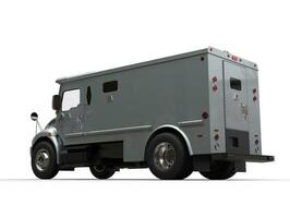 Silver armored cash transport car - low angle side view photo