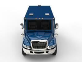 Blue armored transport truck - top down front view photo