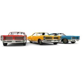 Awesome vintage cars in red, blue and yellow colors - beauty shot photo