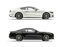 Cool modern black and white sports muscle cars - side view photo