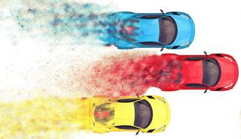 Red, blue and yellow sports cars racing - top down view photo
