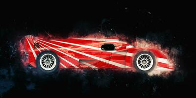 Red race supercar with white stripes decals - grunge style illustration photo