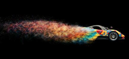 Multicolor super car disintegrating into colorful particles photo