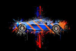 Dark blue sports supercar with orange stripes - abstract illustration photo