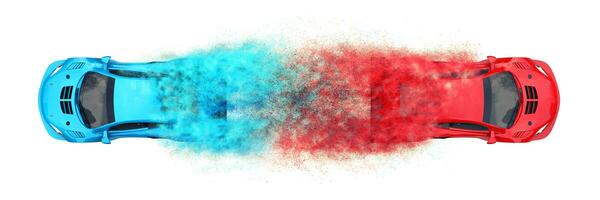 Red and blue modern sports cars - particle effect photo