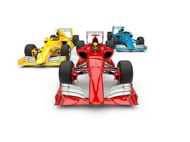 Red, blue and yellow super fast race cars photo