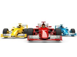 Red, blue and yellow super fast race cars - front view photo