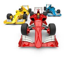 Red, blue and yellow super fast race cars racing photo