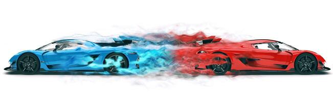 Blue and red supercars racing away from each other leaving a trail of red and blue dust photo