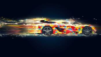 Psychodelic modern supercar traveling through space and time photo