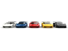 Modern luxury supercars in all primary colors - front view photo