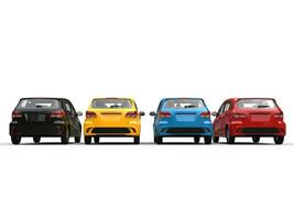 Modern affordable compact cars in various colors - back view photo