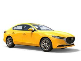 Bright sun yellow Mazda 3 2019 - 2022 model - beauty shot - 3D Illustration - isolated on white background photo