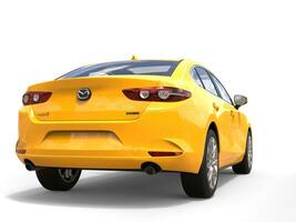 Bright sun yellow Mazda 3 2019 - 2022 model - back view - 3D Illustration - isolated on white background photo