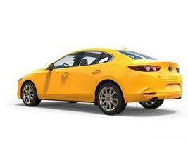 Bright sun yellow Mazda 3 2019 - 2022 model - rear side view - 3D Illustration - isolated on white background photo
