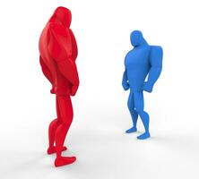 Red and blue 3D Strongmen in a stand off - perpective view. photo