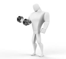 3d personaje levantamiento un dumbell - aislado en blanco antecedentes. foto