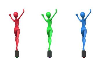 rojo, verde y azul gimnastas en equilibrar haz - saludo - espalda ver - 3d ilustración foto