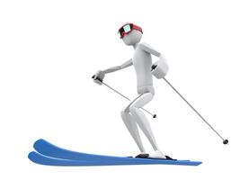 White skier character with red goggles and blue skis - low angle shot photo