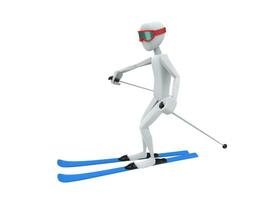 SKier character with red ski giggles and blue skis doing a slight turn - side view photo