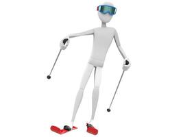 Skier with blue goggles and red skis - front view photo