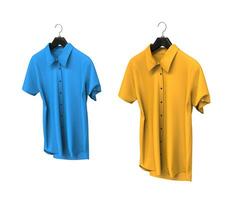 Blue and yellow short sleeve shirts isolated on white background. photo