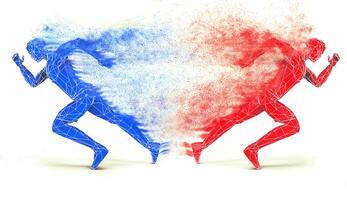Red and blue running men disintegrating into dust - red and blue photo