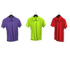 Purple, green and red short sleeve shirts isolated on white background. photo