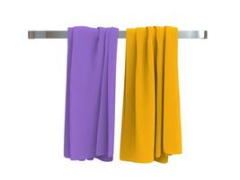 Purple and yellow towels on a towel hanger photo