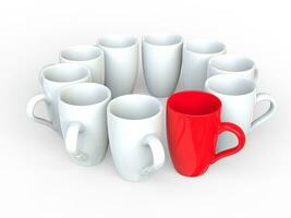 Red coffee mug in a circle of white coffee mugs photo