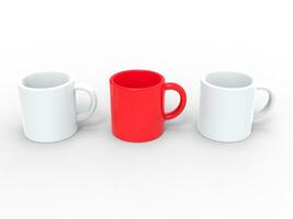 Three coffee mugs, white and red - top down view - 3D Illustration photo