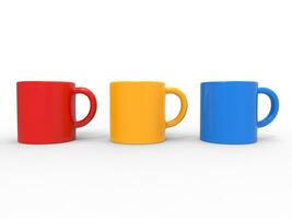 Coffee mugs in primary colors - red, yellow and blue - 3D Illustration photo