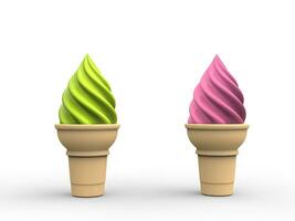 Green and pink ice cream in small cones photo