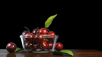 Glass bowl full of beautiful cherries on a polished wood table photo