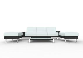 White Modern Sofa With Coffee Table And Two Ottomans photo