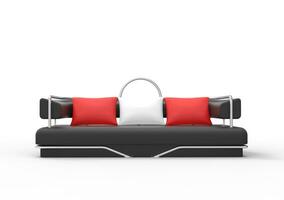 Black Sofa With Red And White Pillows Front View photo